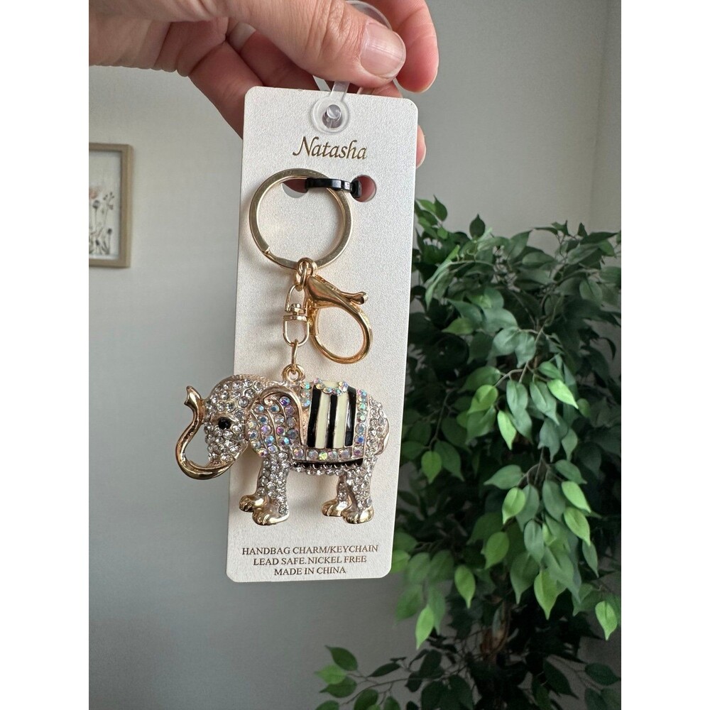Natasha Couture Elephant Keychain Bag Charm Rhinestone Gold Black NWT